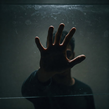 A hand behind glass in the dark, a symbol of isolation and alienationの素材