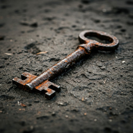 Rusty vintage key on the ground in mudの素材