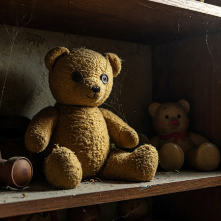 A dusty teddy bear with buttons on the shelfの素材