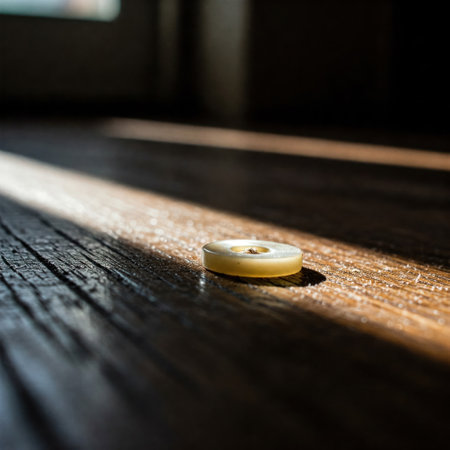 A button on a wooden floor in a beam of lightの素材