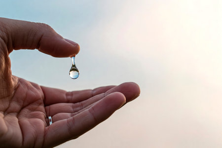 A drop of water between the fingers of the hand against the background of dawn. Space for textの素材