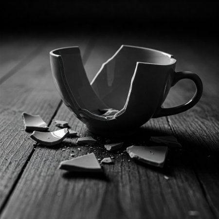 A broken cup on the floor, a symbol of the loss and fragility of lifeの素材