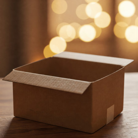 Cardboard box on a wooden table by the light of a garlandの素材