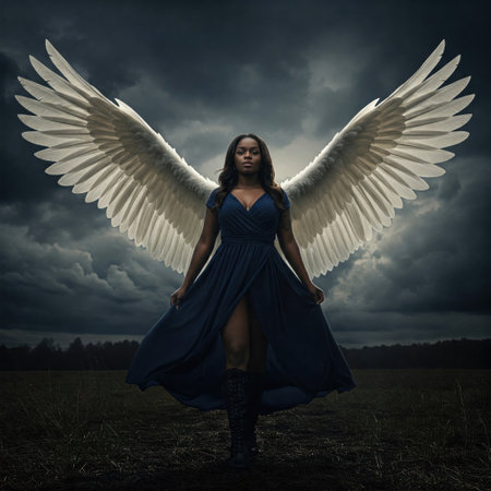 Angel woman in blue dress with wings against a stormy skyの素材
