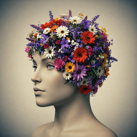 A woman's head made of flowers against a pastel wallの素材
