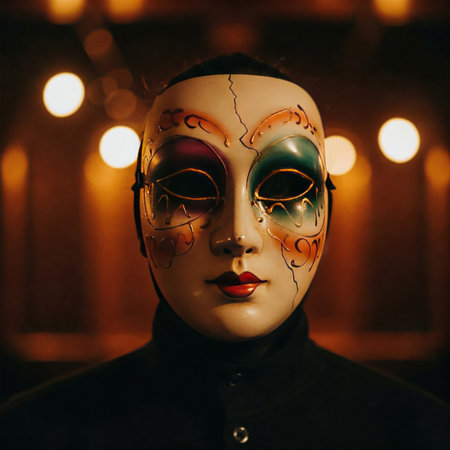 A theatrical mask hides a person's real emotionsの素材