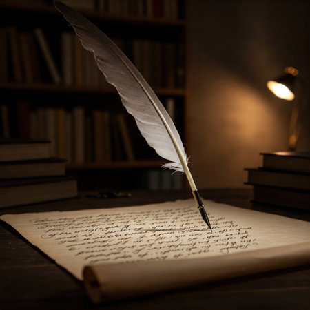 Writing with a pen on an antique scroll in warm lightの素材