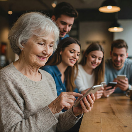 An elderly woman masters a smartphone in a circle of young peopleの素材