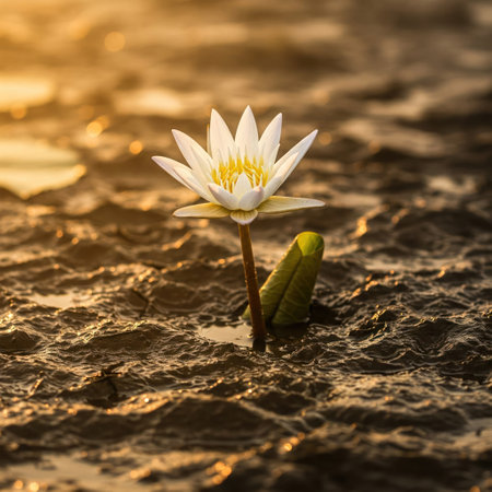 The flower breaks through the mud, illuminated by the evening sunの素材