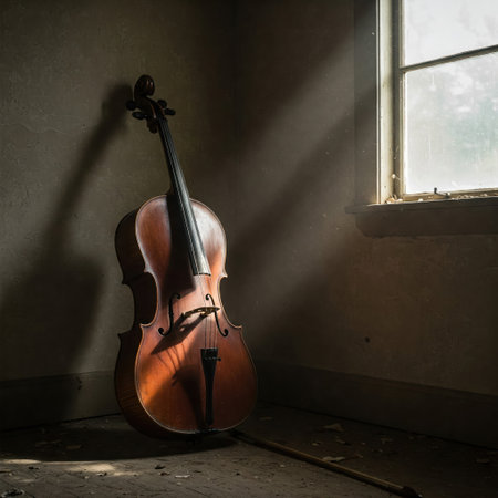 A cello in the rays of light by a window in a dusty roomの素材