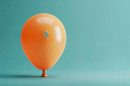 Orange balloon with a hole in the background of a turquoise wall. Space for textの素材