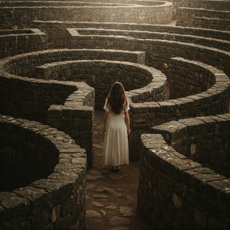 A girl in a white dress is standing in a labyrinthの素材