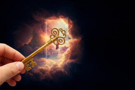 The golden key that opens the door to another world. Space for textの素材