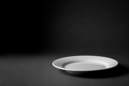 An empty white plate on a dark background with a soft light. Space for textの素材