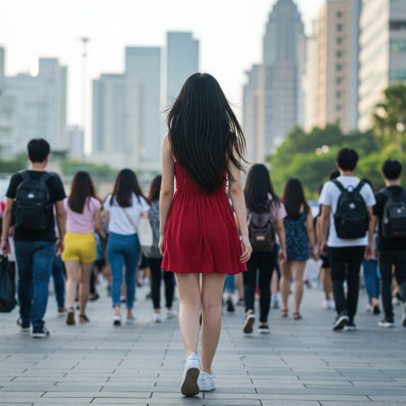 A girl in a red dress walks through the city among the crowdの素材