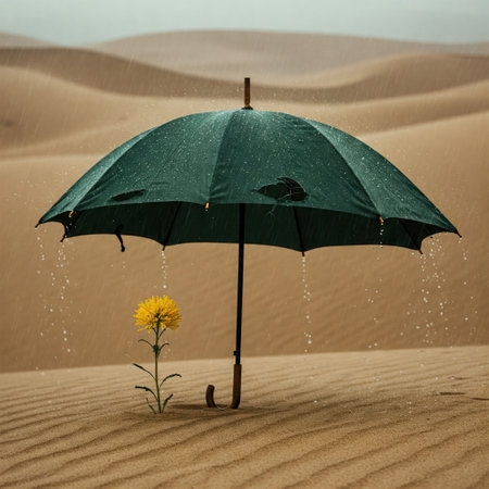 An umbrella with holes protects a flower in the desert in the rain, a vulnerable protection of lifeの素材