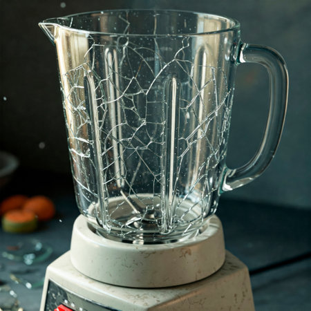 A cracked blender jug on the kitchen surfaceの素材