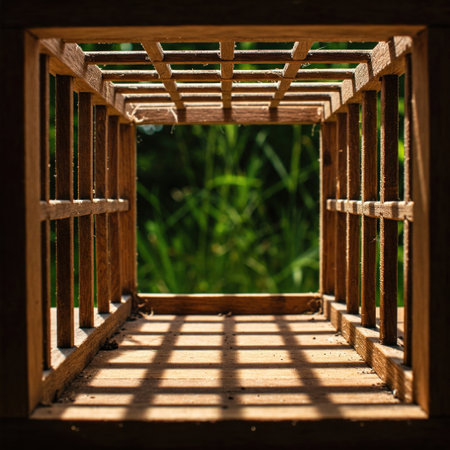 Wooden cage with sun shades on nature backgroundの素材