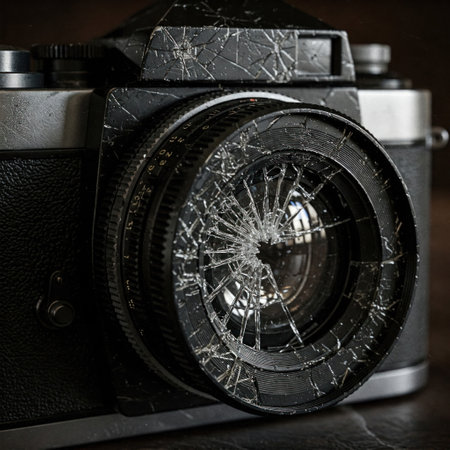 A broken vintage camera with a cracked lensの素材