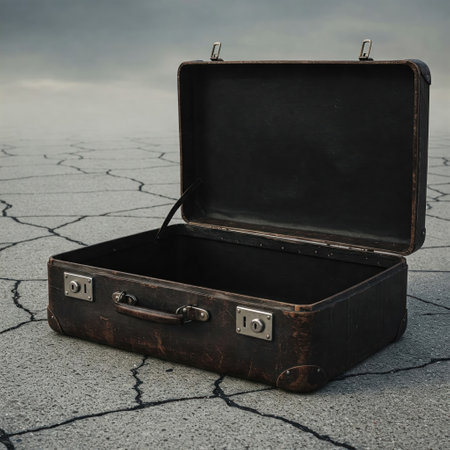 An empty suitcase stands on the cracked groundの素材
