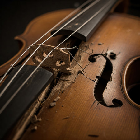 A ruined old violin with broken stringsの素材