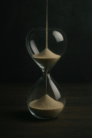 An hourglass is poured up on a dark backgroundの素材