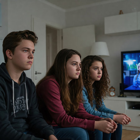 Three teenagers are concentrating on watching TVの素材