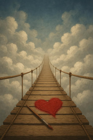 Bridge in the clouds with a painted heart and brushの素材
