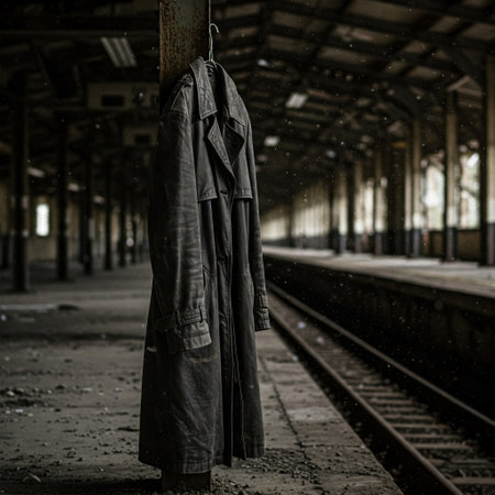 A coat hanging from a column at an abandoned stationの素材