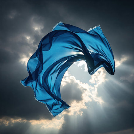 Blue silk floating against a cloudy skyの素材