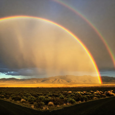 A bright double rainbow over the valley at sunsetの素材