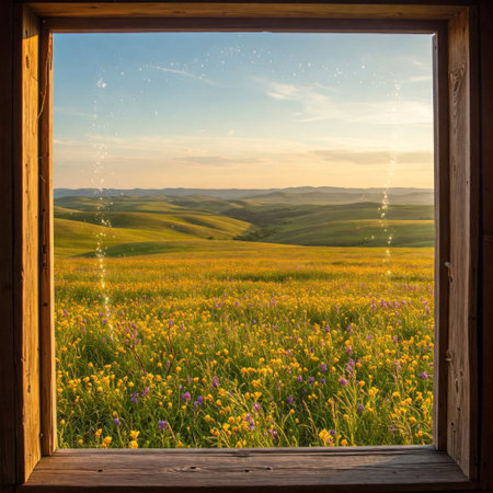 View of the flowering field from a wooden windowの素材