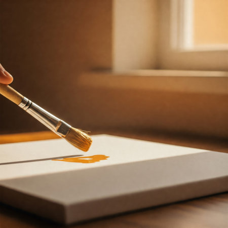 A brush with yellow paint on a blank canvas by the windowの素材