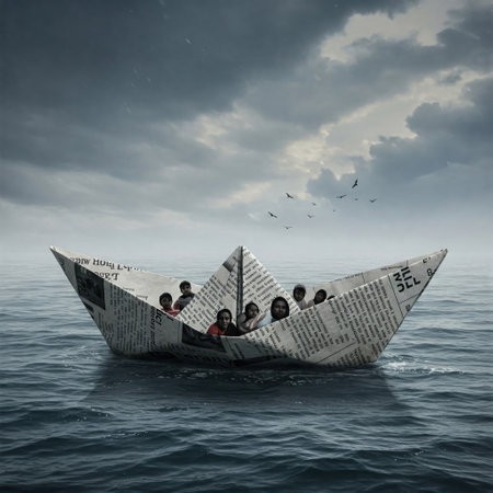 People in a newspaper-boat in the open sea under the cloudsの素材