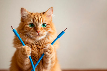A ginger cat with green eyes holds broken wires. Space for textの素材
