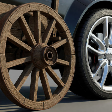Past and future, wooden wheel next to car rimの素材