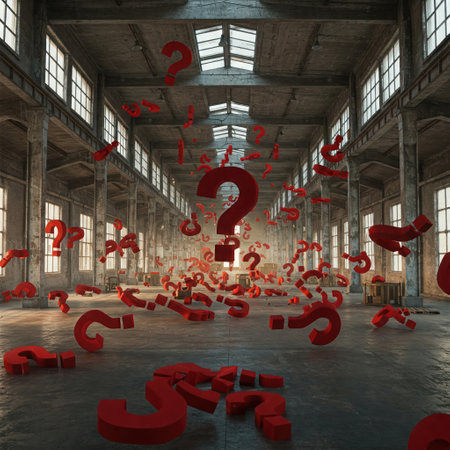 An abandoned building filled with floating red questionsの素材