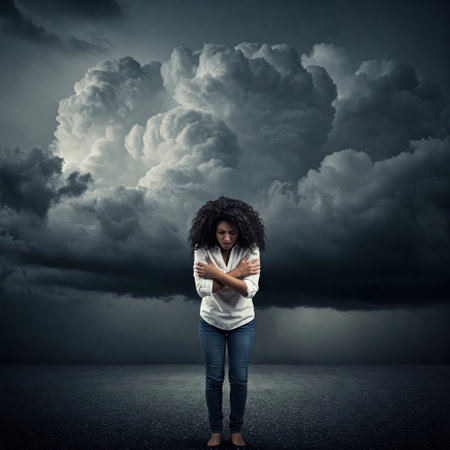 A depressed woman against a stormy skyの素材