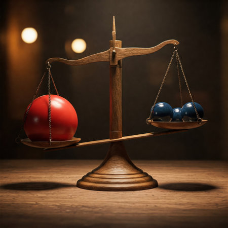 A wooden scale with one red sphere and three blue ones on the other bowlの素材
