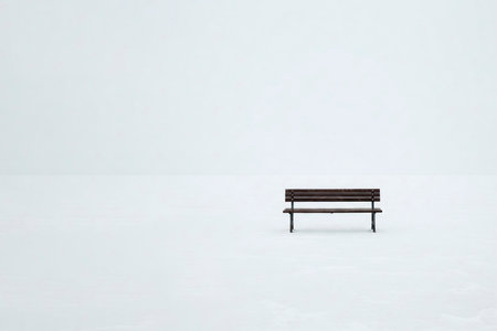 An empty bench in a snow-covered endless landscape. Space for textの素材