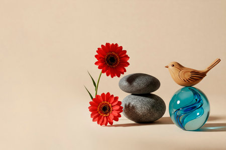 Two red gerberas, stones and a wooden bird on a pastel background. Space for textの素材