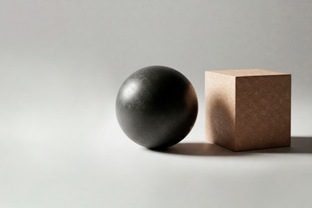 A black ball and a wooden cube on a gray background. Space for textの素材