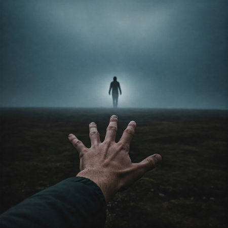 An outstretched hand to the silhouette in the fog against the background of emptinessの素材