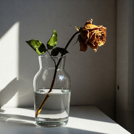 A dried rose in a glass vase, a symbol of witheringの素材