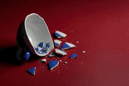 A broken cup on a red background is a symbol of destruction. Space for textの素材