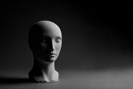 Sculpture of a head in the dark with closed eyes. Space for textの素材