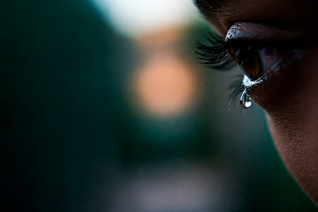 A tear on the cheek, reflecting deep pain and emotion. Space for textの素材