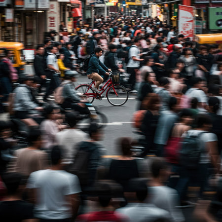 A man on a bicycle among the crowd on the streetの素材