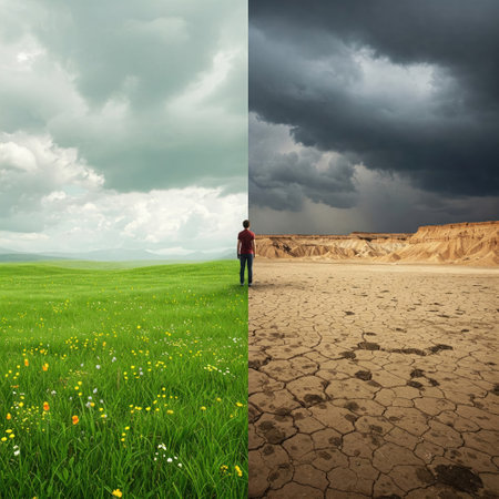 A divided landscape, a green field versus an arid desertの素材