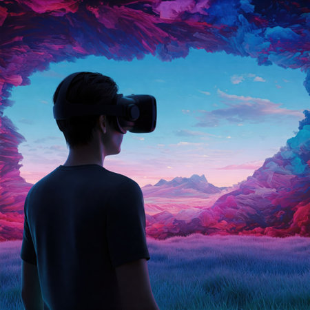 A man in a VR helmet in a fantasy landscapeの素材
